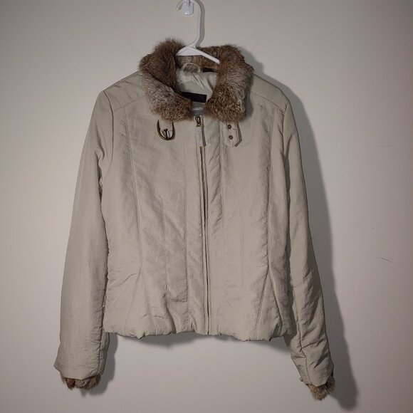 Via Spiga Rabbit Fur Collar and Cuffs Puffer Jacket Size L Oatmeal Cream - Picture 2 of 12